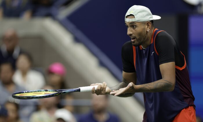 Nick Kyrgios of Australia reacts to his play against Daniil Medvedev of Russia, during the fourth round of the U.S. Open tennis championships in New York on Sept. 4, 2022. (Adam Hunger/AP Photo)