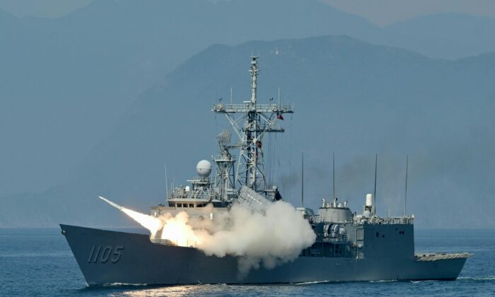 Taiwanese navy launches a U.S.-made Standard missile from a frigate during the annual Han Kuang Drill, on the sea near the Suao navy harbor in Yilan county, Taiwan on July 26, 2022. (Sam Yeh/AFP via Getty Images)
