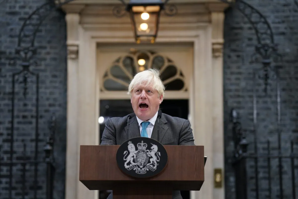 Outgoing Prime Minister Boris Johnson makes his farewell speech outside 10 Downing Street, London, on Sept. 6, 2022. (Stefan Rousseau/PA Media)