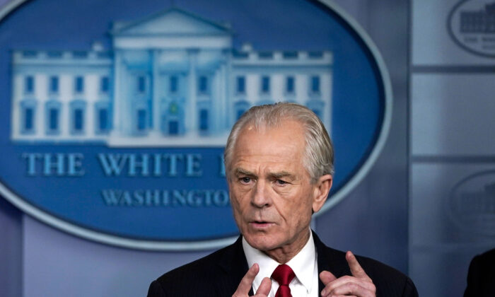 Peter Navarro, who was then-director of Trade and Manufacturing Policy, speaks during a briefing on the COVID-19 pandemic in the press briefing room of the White House in Washington, on March 27, 2020. (Drew Angerer/Getty Images)