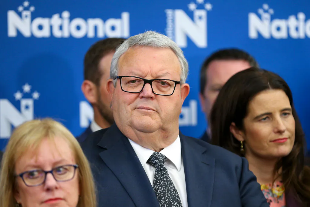 Gerry Brownlee of the National Party looks on during a press conference at Parliament in Wellington, New Zealand, on Oct. 20, 2020. (Hagen Hopkins/Getty Images)