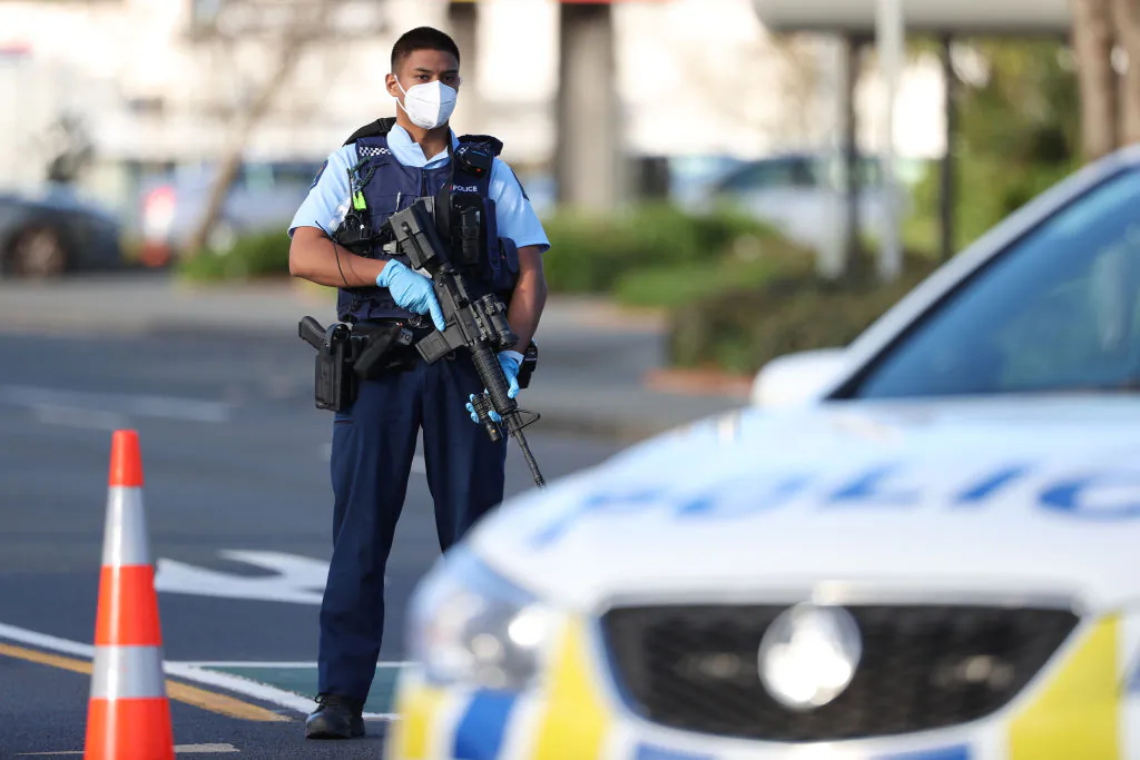 Armed police patrol the area around Countdown LynnMall after a mass stabbing incident in Auckland, New Zealand, on Sept. 3, 2021. (Fiona Goodall/Getty Images)