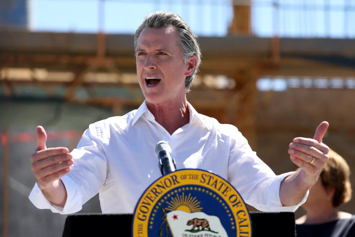 California Gov. Gavin Newsom speaks to reporters during a visit to a water treatment plant in Antioch, Calif., on Aug. 11, 2022. (Justin Sullivan/Getty Images)