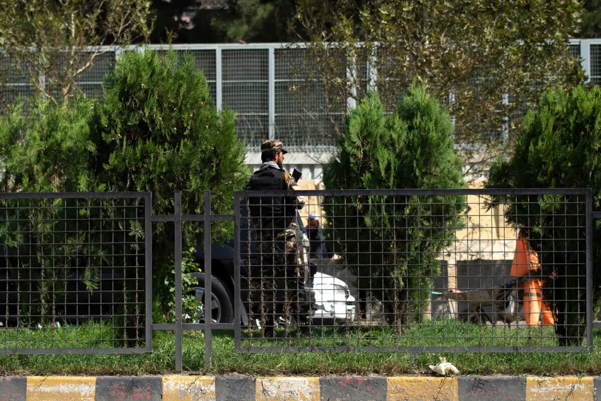A Taliban fighter stands guard in front of the Russian embassy after a suicide attack in Kabul on Sept. 5, 2022. (Wakil Kohsar/AFP via Getty Images)