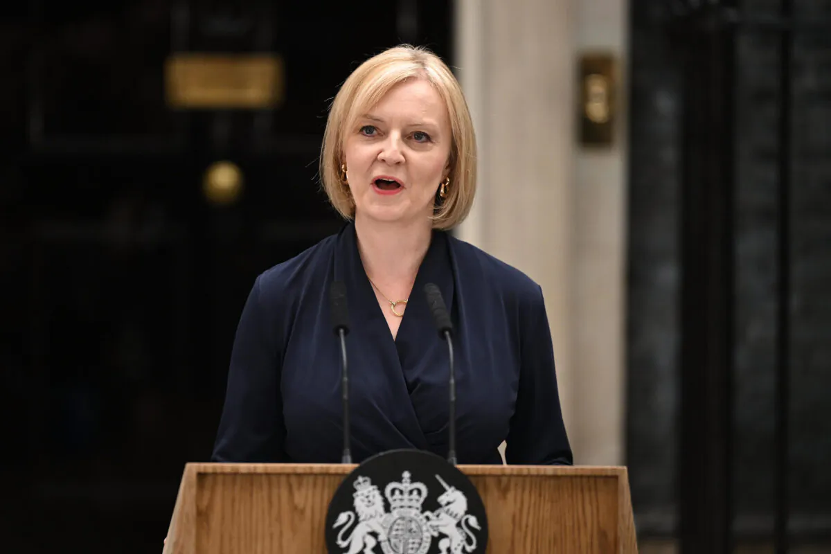 Prime Minister Liz Truss gives her first speech at Downing Street, London, on Sept. 6, 2022. (Leon Neal/Getty Images)