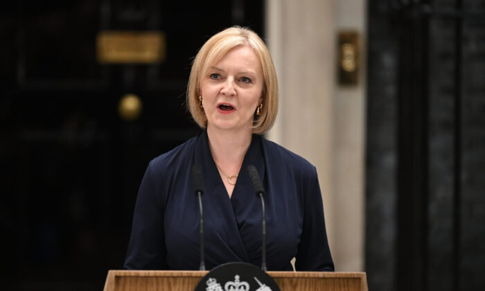 Prime Minister Liz Truss gives her first speech at Downing Street, London, on Sept 6, 2022. (Leon Neal/Getty Images)