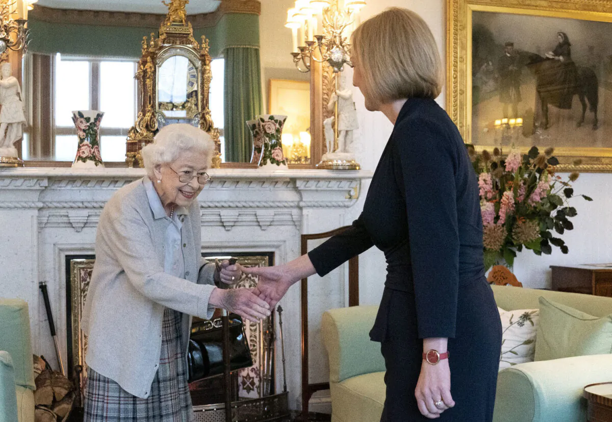 Queen Elizabeth greets incoming prime minister Liz Truss at Balmoral Castle, Scotland, on Sept. 6, 2022. (Jane Barlow - WPA Pool/Getty Images)