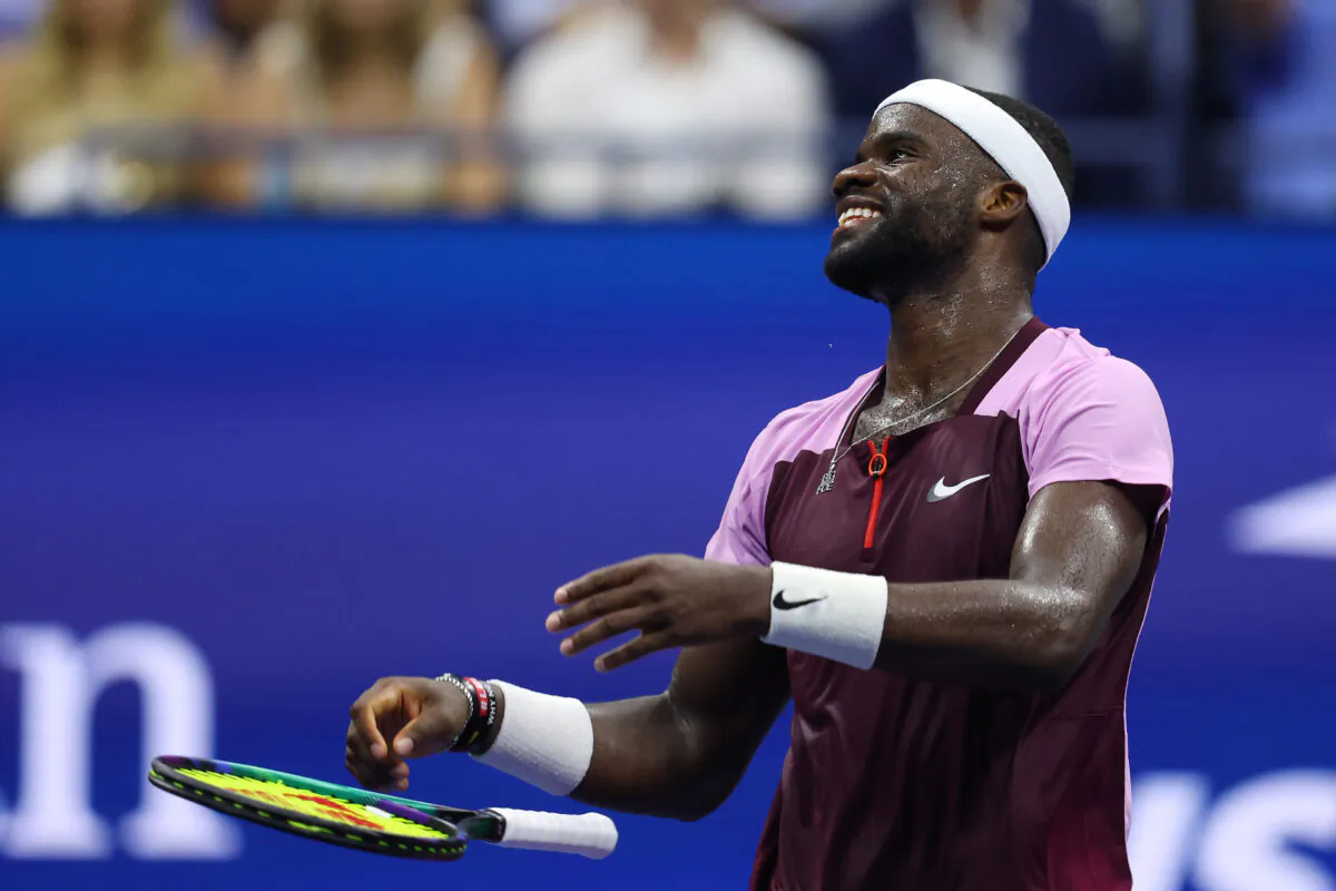 Frances Tiafoe of the United States reacts after defeating Rafael Nadal of Spain during their men’s singles 4th round match on day eight of the 2022 U.S. Open at USTA Billie Jean King National Tennis Center in New York on Sept. 5, 2022. (Mike Stobe/Getty Images)
