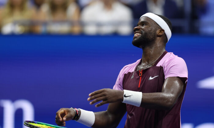 Frances Tiafoe of the United States reacts after defeating Rafael Nadal of Spain during their men’s singles 4th round match on day eight of the 2022 U.S. Open at USTA Billie Jean King National Tennis Center in New York  on Sept. 5, 2022. (Mike Stobe/Getty Images)