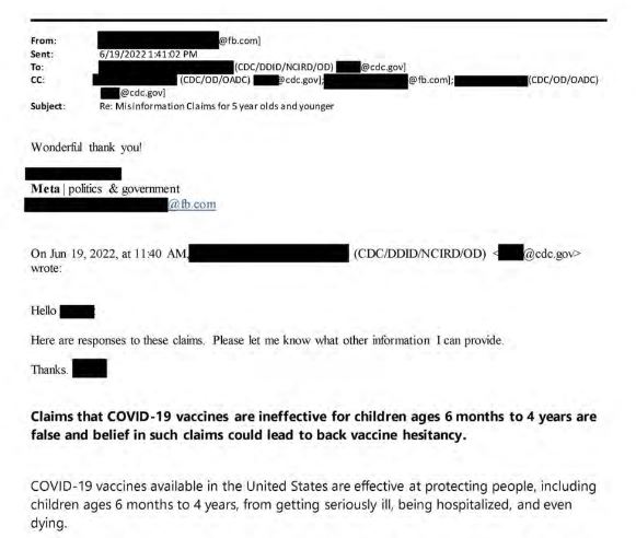 Emails between Facebook and the CDC in a court filing. (Screenshot via The Epoch Times)