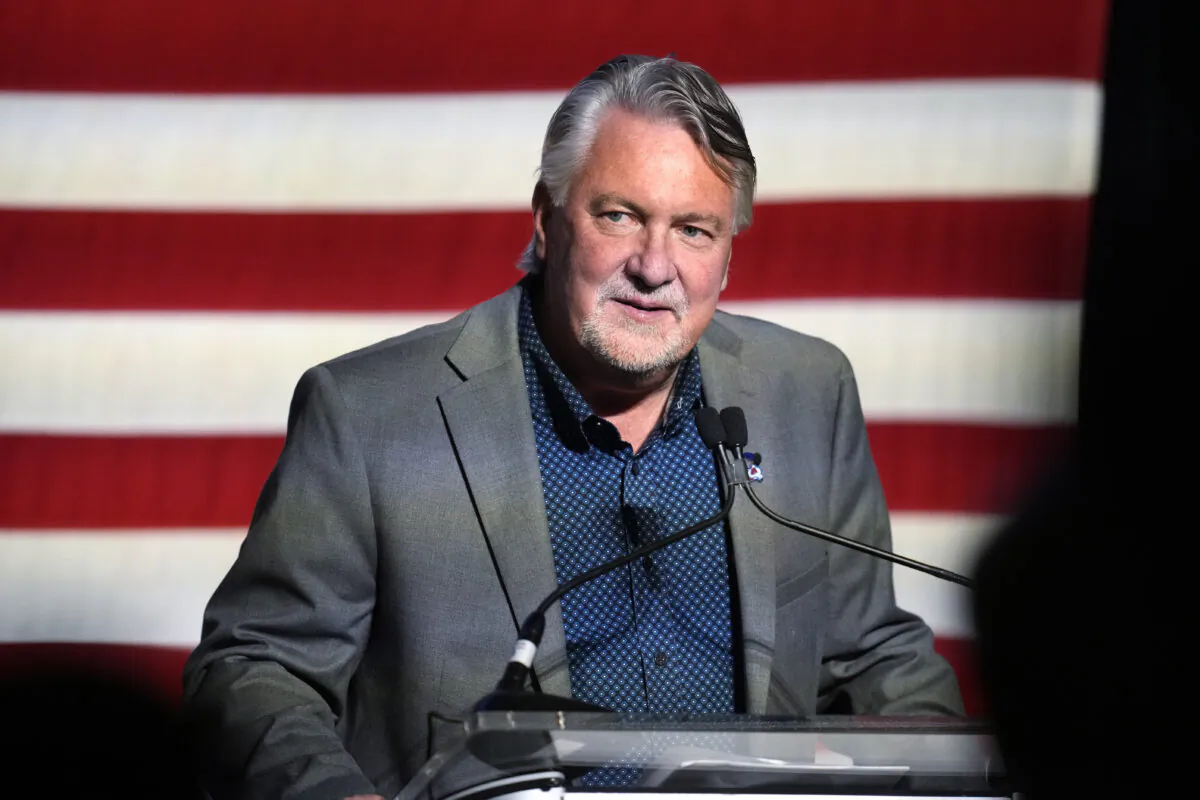 Joe O'Dea, Republican nominee for the U.S. Senate seat held by Democrat Michael Bennet, speaks during a primary election night watch party, late June 28, 2022, in Denver. (David Zalubowski/AP Photo)
