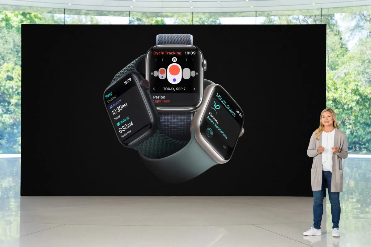Apple's Deidre Caldbeck showcases the enhanced features of the new Apple Watch lineup during a special event at Apple Park in Cupertino, Calif., on Sept. 7, 2022. (Brooks Kraft/Apple Inc./Handout via Reuters)