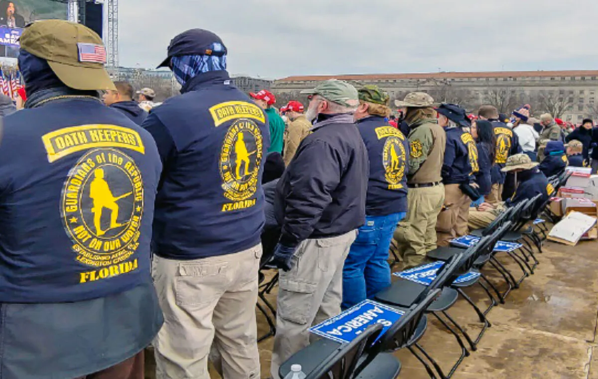Several Oath Keepers listen to a speech prior to President Donald Trump's presentation at the Ellipse on Jan. 6, 2021. (U.S. District Court/Screenshot via The Epoch Times)
