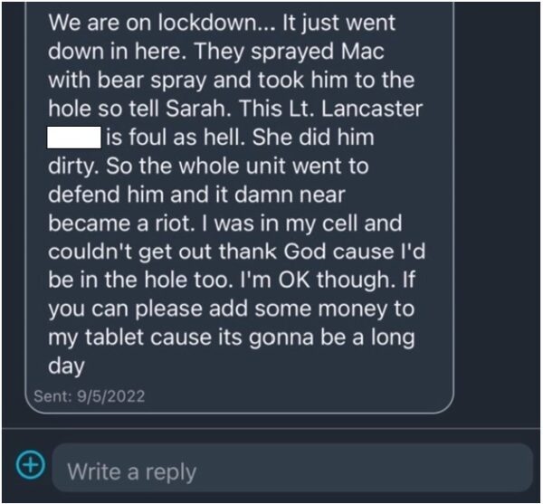 Screenshot of text message sent out by a January 6 prisoner at the jail in Washington D.C. during an alleged assault by Lieutenant Crystal Lancaster.