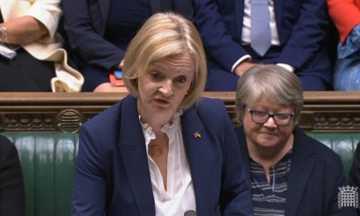 Prime Minister Liz Truss speaks during Prime Minister's Questions in the House of Commons, London, on Sept. 7, 2022. (PA Media/House of Commons)