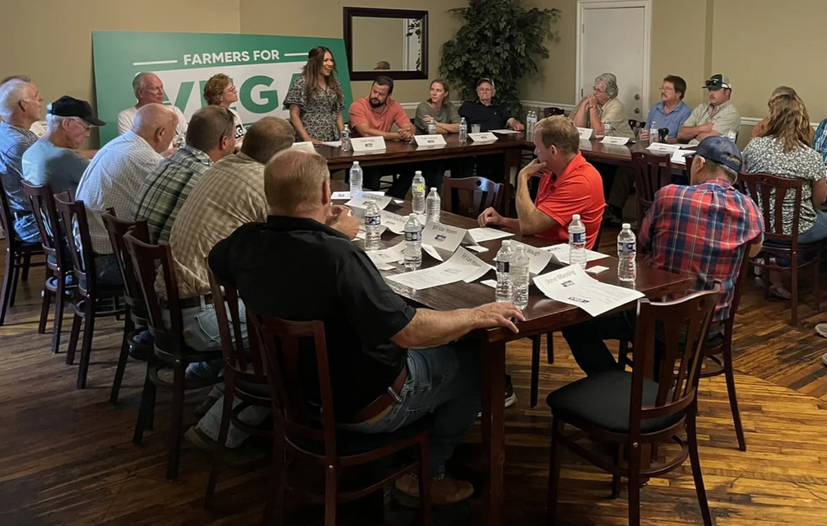 Virginia Republican Congressional District 7 candidate Yesli Vega speaks with farmers in Northern Virginia’s Orange County on Sept. 3 in her campaign to unseat two-term Democratic incumbent Rep. Abigail Spanberger (D-Va.), a key race that could come down to which candidate voters believe will support law enforcement more effectively. (Courtesy of Yesli Vega for Congress)