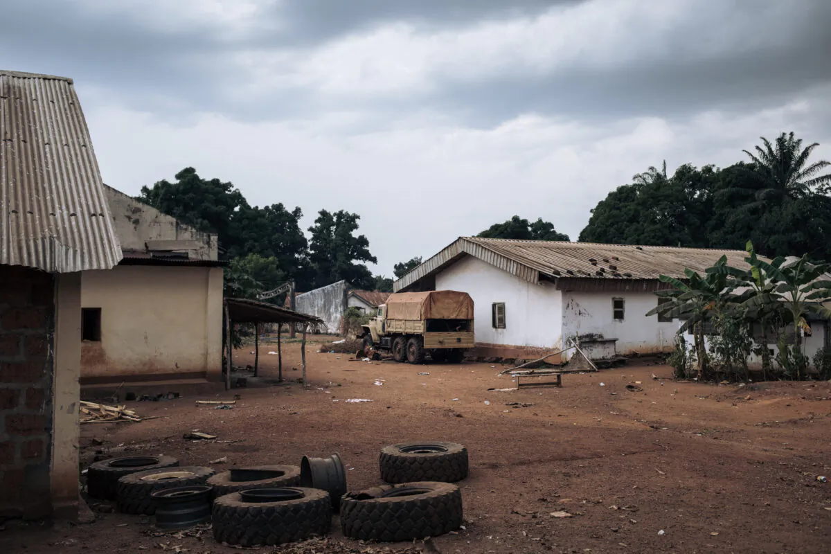 This photograph taken on Feb. 3, 2021, shows a truck of the Russian private military group Wagner in the looted Central African Army (FACA) base of Bangassou, attacked on Jan. 3, 2021, by rebels.(Alexis Huguet/AFP via Getty Images)