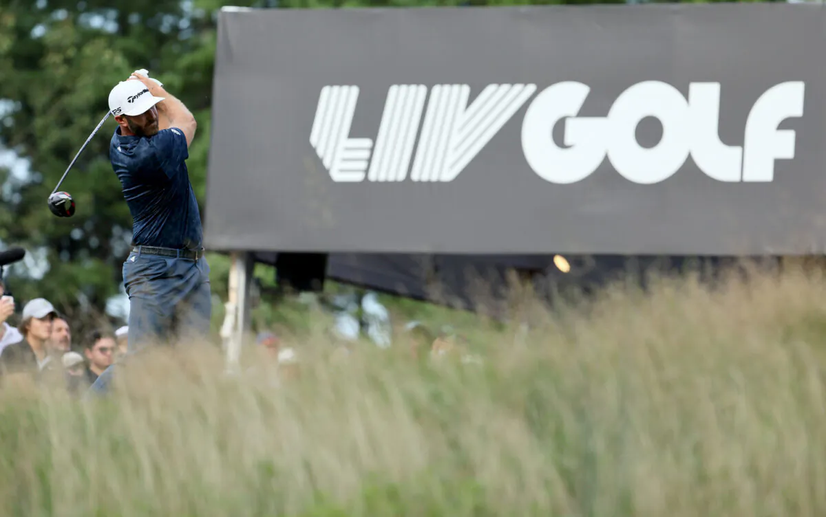 Dustin Johnson of the the United States hits his tee shot on the 16th hole during the final round of the LIV Golf Invitational—Boston at The Oaks golf course at The International in Bolton, Mass., on Sept. 4, 2022. (Andy Lyons/Getty Images)
