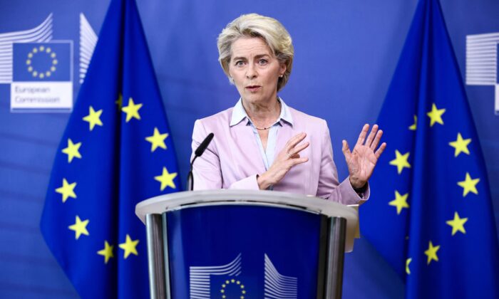 European Commission President Ursula von der Leyen gives a press conference on energy at EU headquarters in Brussels, Belgium, on Sept. 7, 2022. (Kenzo Tribouillard/AFP via Getty Images)