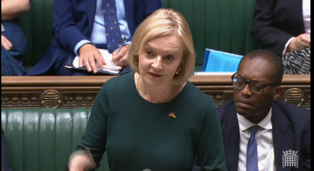 Prime Minister Liz Truss speaking in the House of Commons, London, on Sept. 8, 2022. (House of Commons via PA)