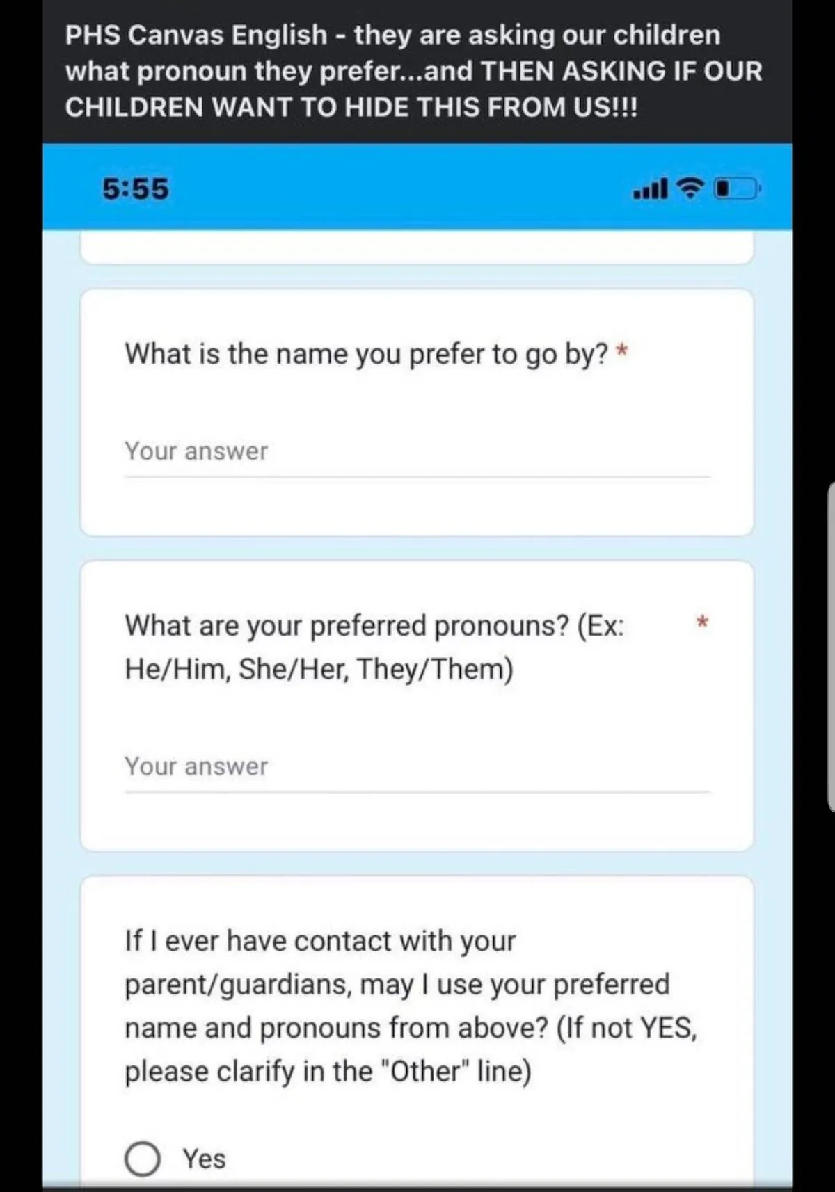A survey from Pflugerville Independent School District asks children if teachers should hide preferred gender pronouns from parents. Screenshot posted on Twitter on Sept. 6, 2022 (Courtesy of Mass Resistance Texas)