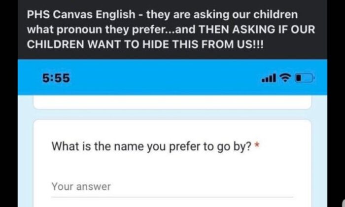 A survey from Pflugerville Independent School District asks children if teachers should hide preferred gender pronouns from parents. Screenshot posted on Twitter on Sept. 6, 2022 (Courtesy of Mass Resistance Texas)