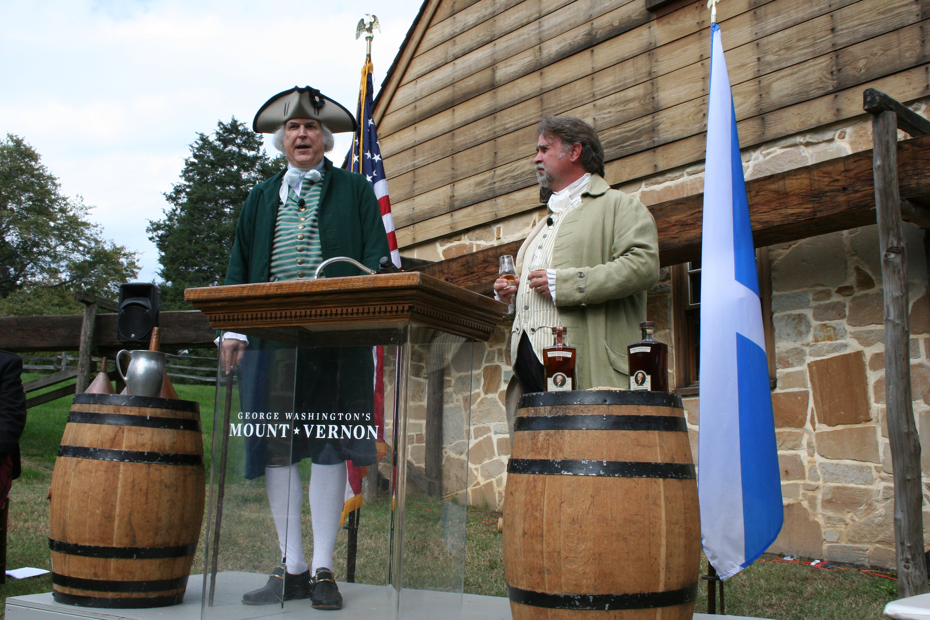 en hosts events with "President Washington" and his farm manager, "James Anderson" at The George Washington Distillery in Alexandria, Virginia 