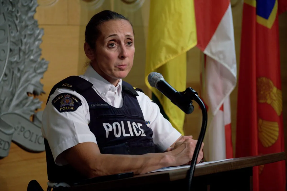 RCMP Assistant Commissioner Rhonda Blackmore speaks during a press conference at RCMP F Division Headquarters in Regina on Sept. 7, 2022. (The Canadian Press/Michael Bell)