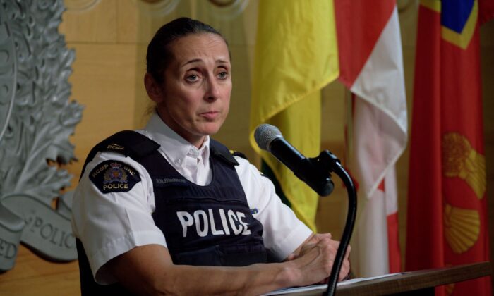 RCMP Assistant Commissioner Rhonda Blackmore speaks during a press conference at RCMP F Division Headquarters in Regina on Sept. 7, 2022. (The Canadian Press/Michael Bell)