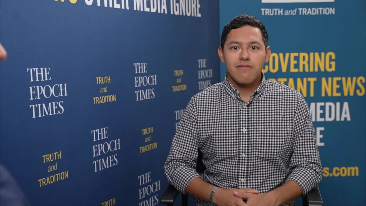 Julio Rosas, a senior writer at Townhall  media and author of “Fiery But Mostly Peaceful: The 2020 Riots and the Gaslighting of America” in an interview on “Crossroads” program on July 23, 2022. {Screenshot/Epoch TV)