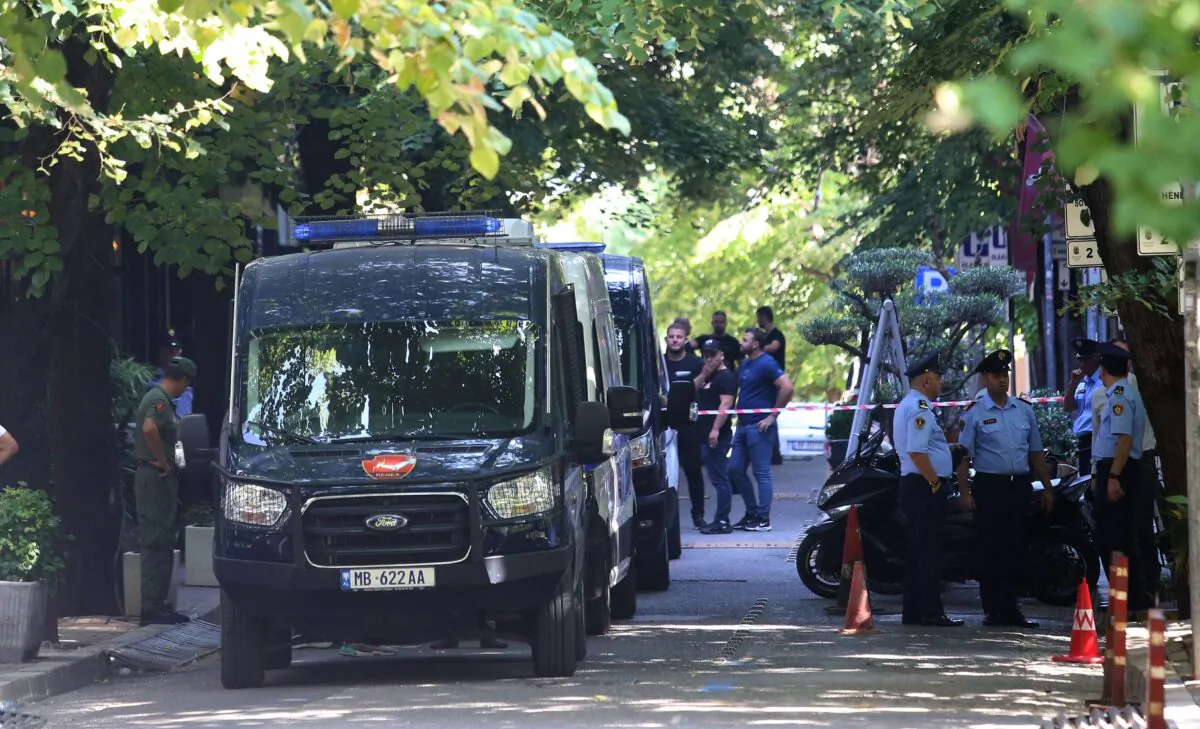 Albanian police forces secure the area around the Embassy of Iran in Tirana, Albania, on Sept. 8, 2022. (Gent Shkullaku/AFP via Getty Images)
