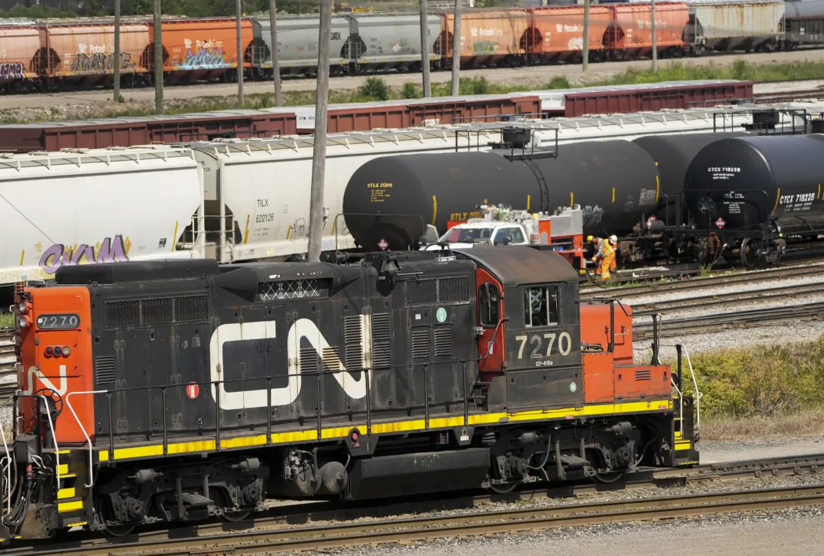 Trains at the CN MacMillan Yard in Vaughan, Ont., on June 20, 2022. (The Canadian Press/Nathan Denette)