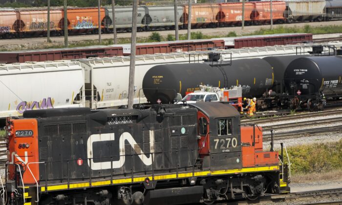 CN rail trains at the CN MacMillan Yard in Vaughan, Ont., on June 20, 2022. (The Canadian Press/Nathan Denette)