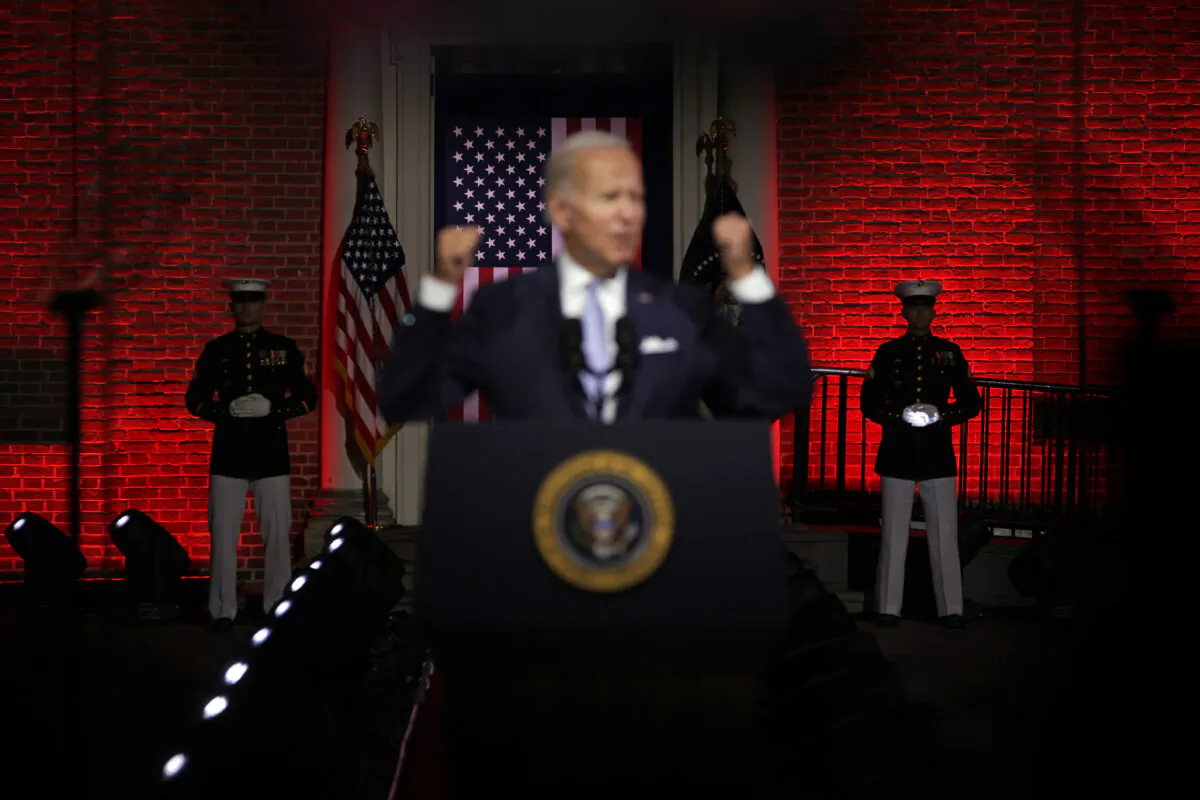President Joe Biden delivers a primetime speech at Independence National Historical Park in Philadelphia, Pa., on Sept. 1, 2022. (Alex Wong/Getty Images)