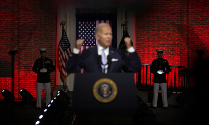 President Joe Biden delivers a primetime speech at Independence National Historical Park in Philadelphia, Pa., on Sept. 1, 2022. (Alex Wong/Getty Images)