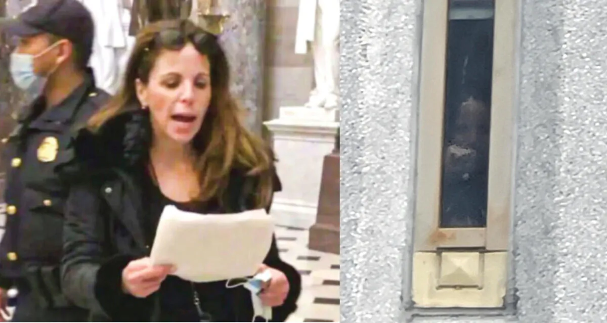 Dr. Simone Gold speaking at the U.S. Capitol on Jan. 6, 2021, and peering through her window at the federal prison in Miami on Sept. 8, 2022. (John Strand/Lisa Andrzejewski)