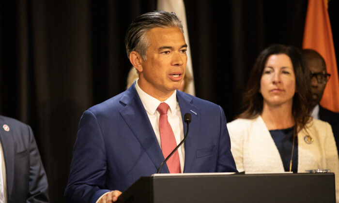 California Attorney General Rob Bonta speaks about last years Huntington Beach oilsill investigation At the district attorney building in Santa Ana, Calif., on Sept. 8, 2022. (John Fredricks/The Epoch Times)