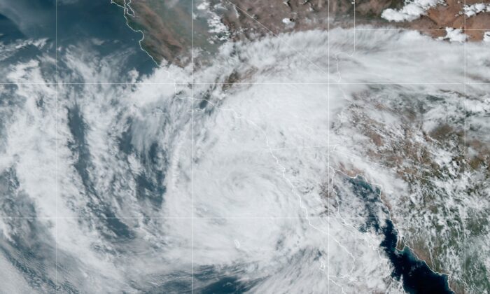 A satellite image shows Tropical Storm Kay near California at 5:30 p.m. ET on Sept. 9, 2022. (NOAA)
