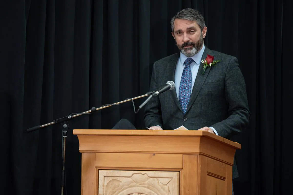 Yukon Premier Sandy Silver speaks in the Yukon Government Legislature foyer in Whitehorse, May 3, 2021. (The Canadian Press/Mark Kelly)