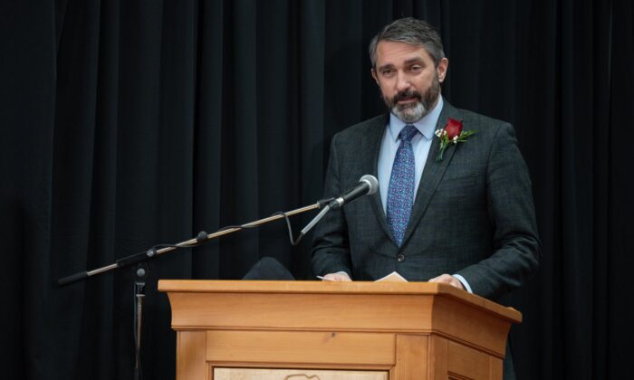 Yukon Premier Sandy Silver speaks in the Yukon Government Legislature foyer in Whitehorse, May 3, 2021. (The Canadian Press/Mark Kelly)