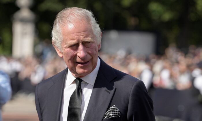 King Charles III arrives at Buckingham Palace in London, England, on Sept. 9, 2022.  (AP Photo/Kirsty Wigglesworth)
