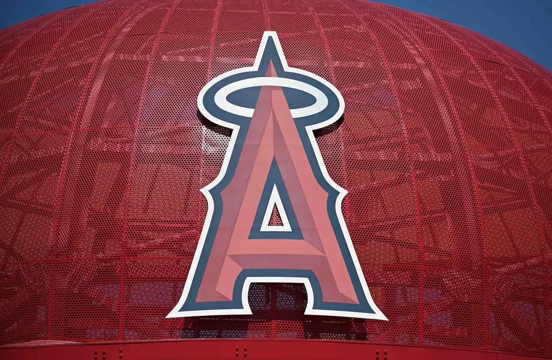 View of the Los Angeles Angels logo at Angel Stadium of Anaheim in Anaheim, Calif., on Apr 15, 2020. (Lee/USA TODAY NETWORK viaField Level Media)