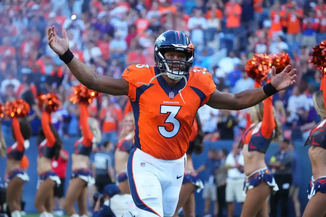 Denver Broncos quarterback Russell Wilson (3) prior to the start of the game against the Minnesota Vikings at Empower Field at Mile High in Denver, Aug. 27, 2022 (Ron Chenoy/USA TODAY Sports via Field Level Media)