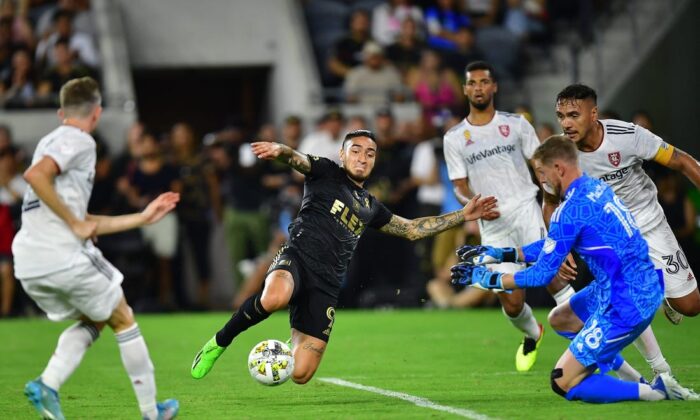 Los Angeles FC forward Cristian Arango (9) moves in for a shot against Real Salt Lake goalkeeper Zac MacMath (18) and defender Marcelo Silva (30) during the first half at Banc of California Stadium in Los Angeles, on Sep 4, 2022. (Gary A. Vasquez/USA TODAY Sports via Field Level Media)