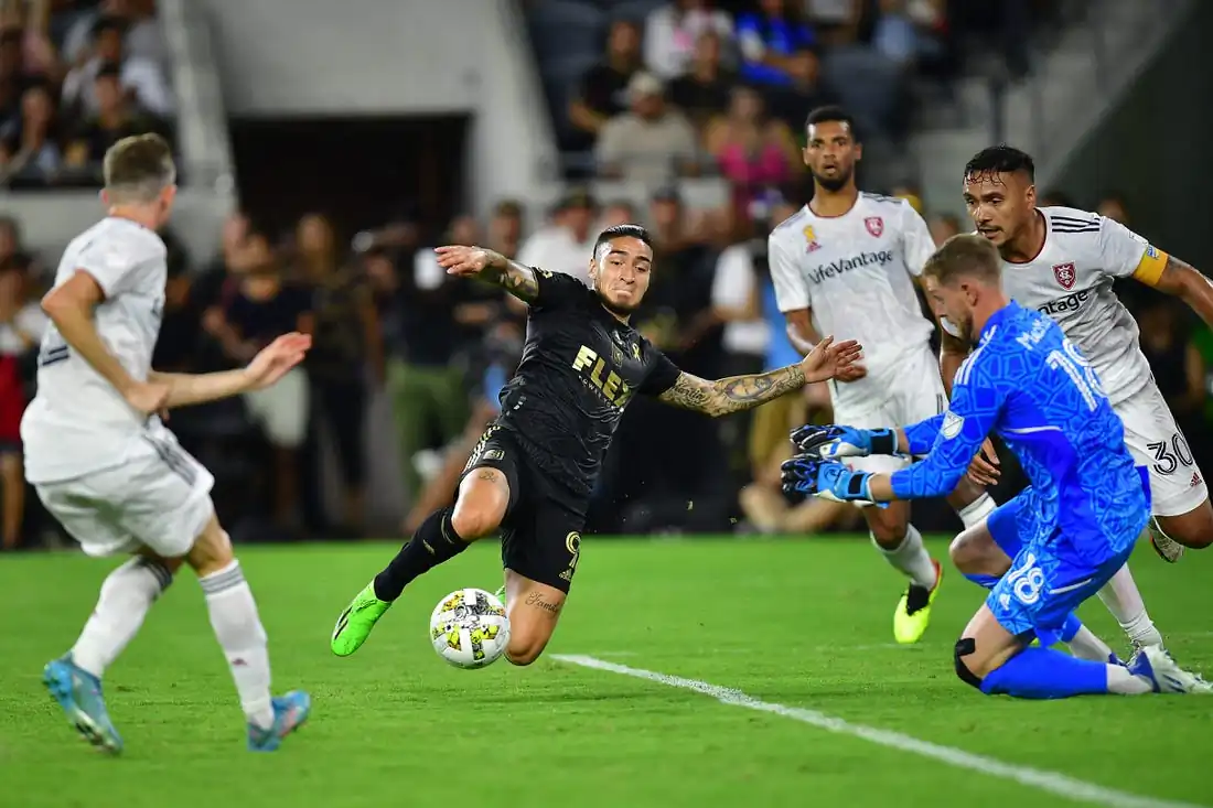Los Angeles FC forward Cristian Arango (9) moves in for a shot against Real Salt Lake goalkeeper Zac MacMath (18) and defender Marcelo Silva (30) during the first half at Banc of California Stadium in Los Angeles, on Sep 4, 2022. (Gary A. Vasquez/USA TODAY Sports via Field Level Media)