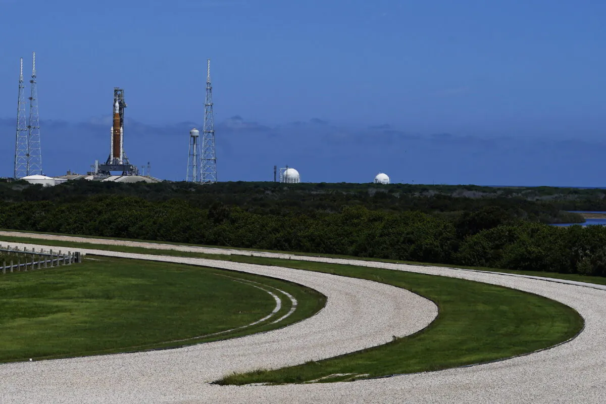 The NASA moon rocket stands on Pad 39B before the Artemis 1 mission to orbit the moon at the Kennedy Space Center in Cape Canaveral, Fla., on Sept. 1, 2022. (Brynn Anderson/AP Photo)