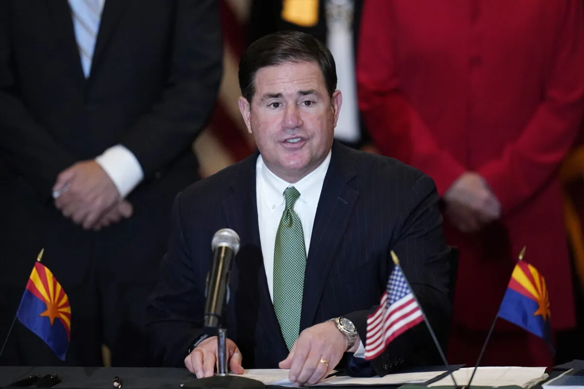 Arizona Republican Gov. Doug Ducey speaks during a bill signing in Phoenix, Ariz., April 15, 2021. (AP Photo/Ross D. Franklin, File)