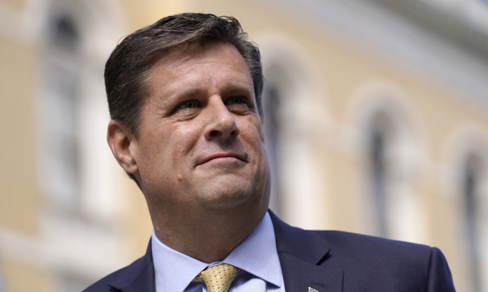 Republican gubernatorial candidate Geoff Diehl speaks to reporters outside the Statehouse in Boston on March 21, 2022. (Steven Senne/AP Photo)