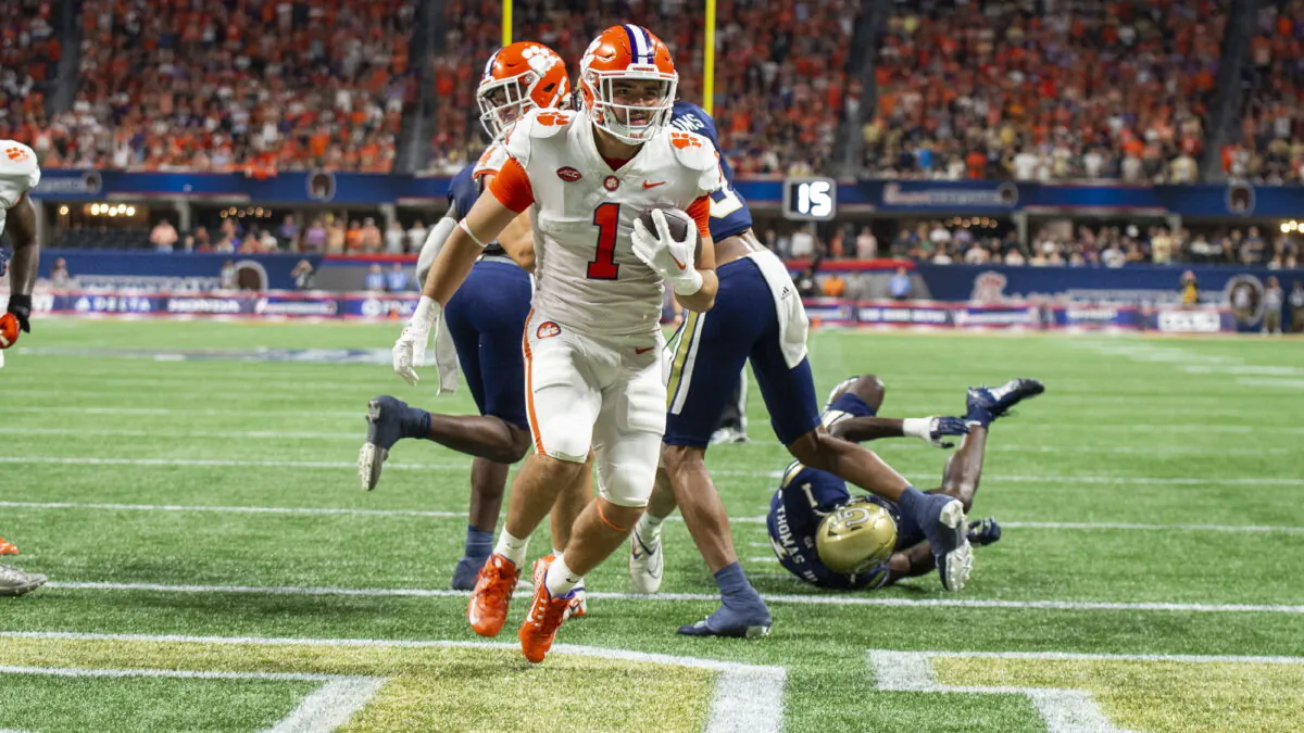 Clemson running back Will Shipley (1) rushes for a touchdown in the first half of an NCAA college football game against Georgia Tech, in Atlanta on Sept. 5, 2022. (Hakim Wright Sr./AP Photo)