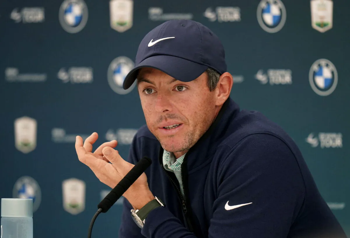 Golfer Rory McIlroy speaks at a press conference during the Pro-Am ahead of the BMW PGA Championship at Wentworth Golf Club, Virginia Water, Surrey, England, on Sept. 7, 2022. (Adam Davy/PA via AP Photo)